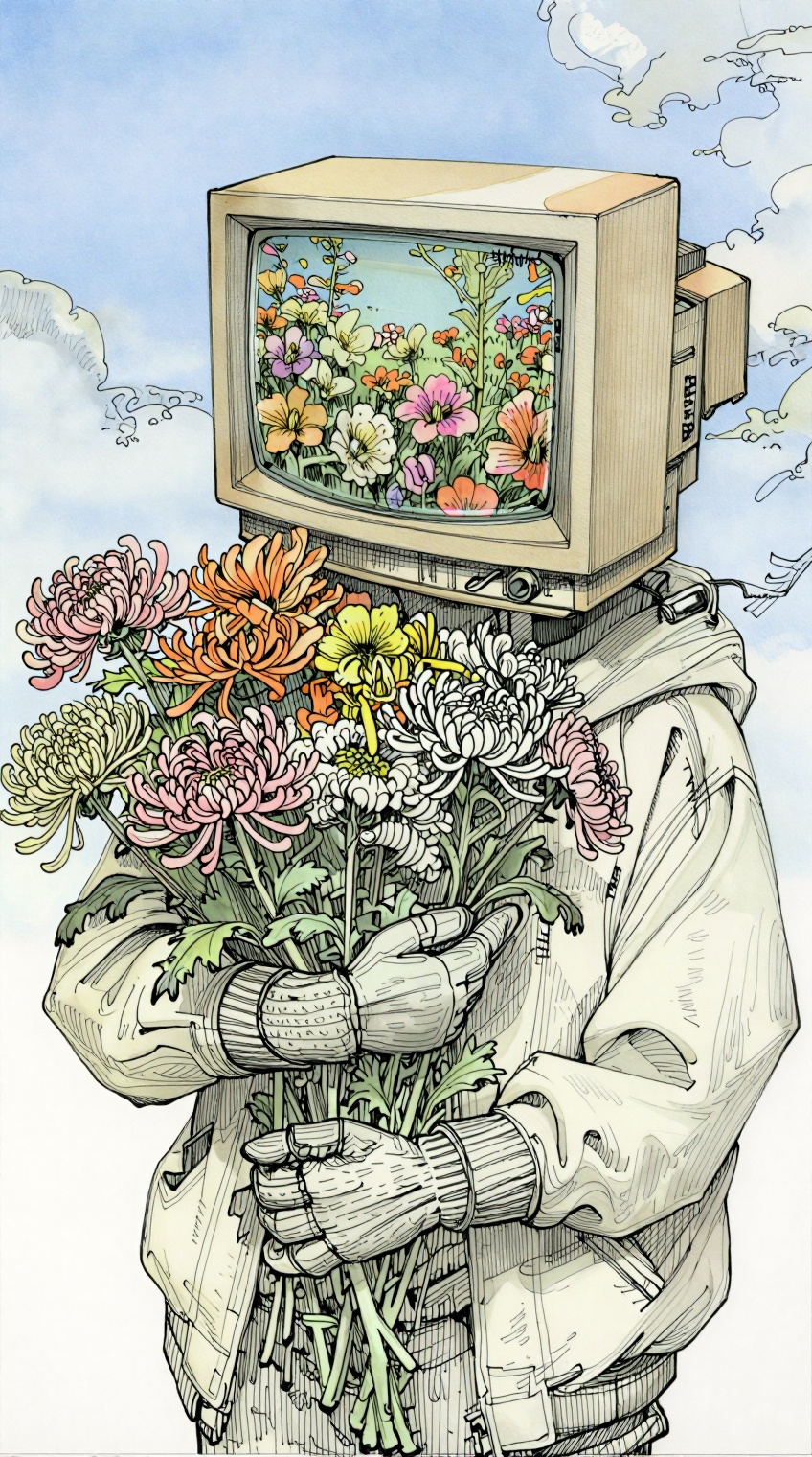 A highly detailed ink-and-watercolor illustration depicts a surreal humanoid figure with a vintage beige CRT television se...
