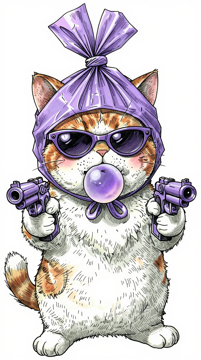A highly detailed ink illustration depicts a cute,  chubby ginger-and-white cat with an adorable yet tough posture. The ca...