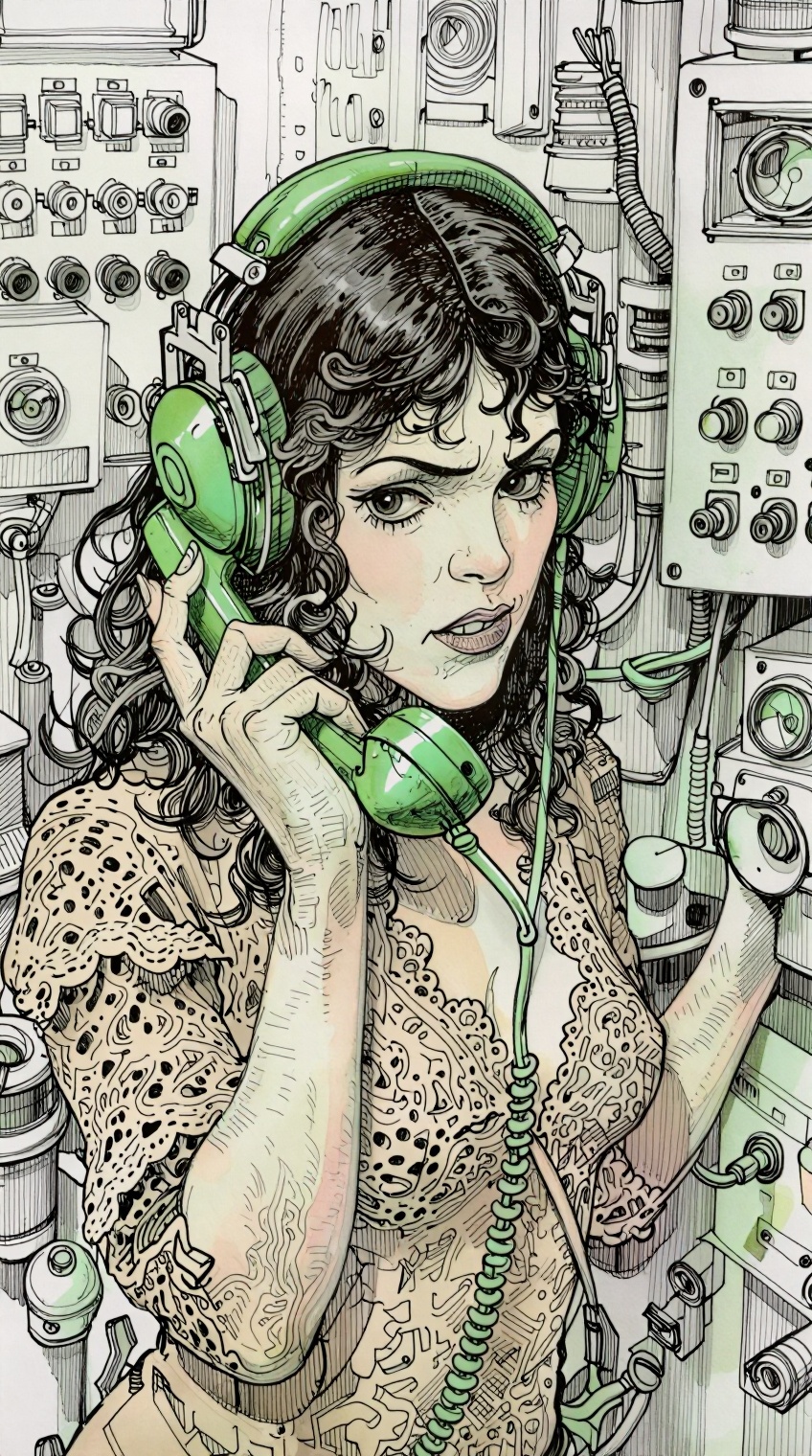A highly detailed ink-and-watercolor illustration depicts a striking woman with dark curly hair and an intense,  focused g...