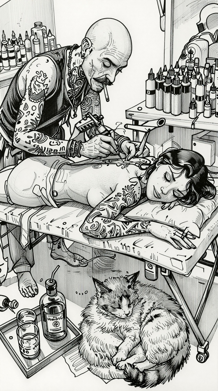 A highly detailed ink illustration depicts an intimate and gritty tattoo parlor scene. A heavily-tattooed,  bald male tatt...