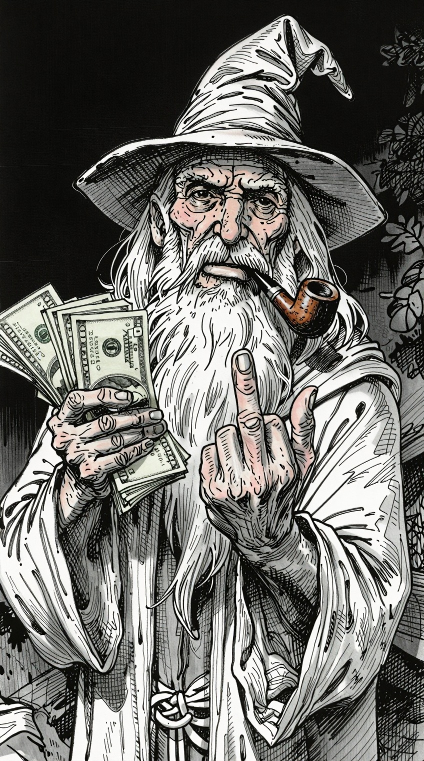 A highly detailed ink illustration depicts an elderly,  weathered wizard with a long,  flowing white beard and hair on Ten...