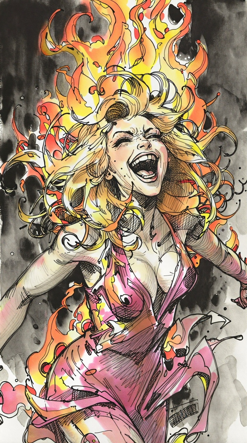 A highly dynamic ink-and-watercolor illustration depicts a jubilant woman with voluminous flowing blonde hair,  captured m...