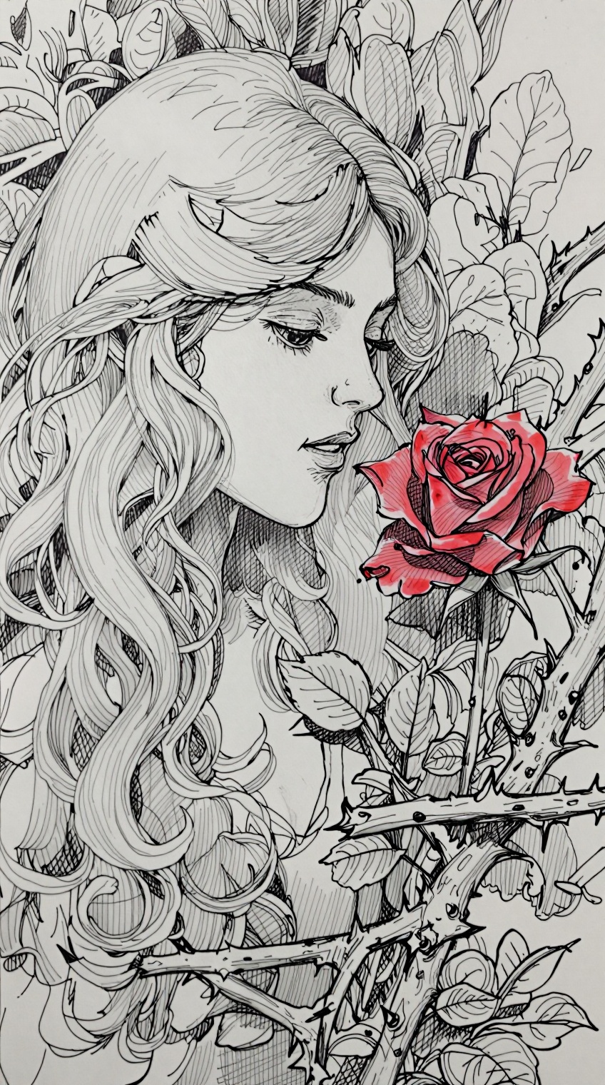 A highly detailed pen and ink illustration depicts a delicate profile portrait of a young woman with voluminous,  flowing...