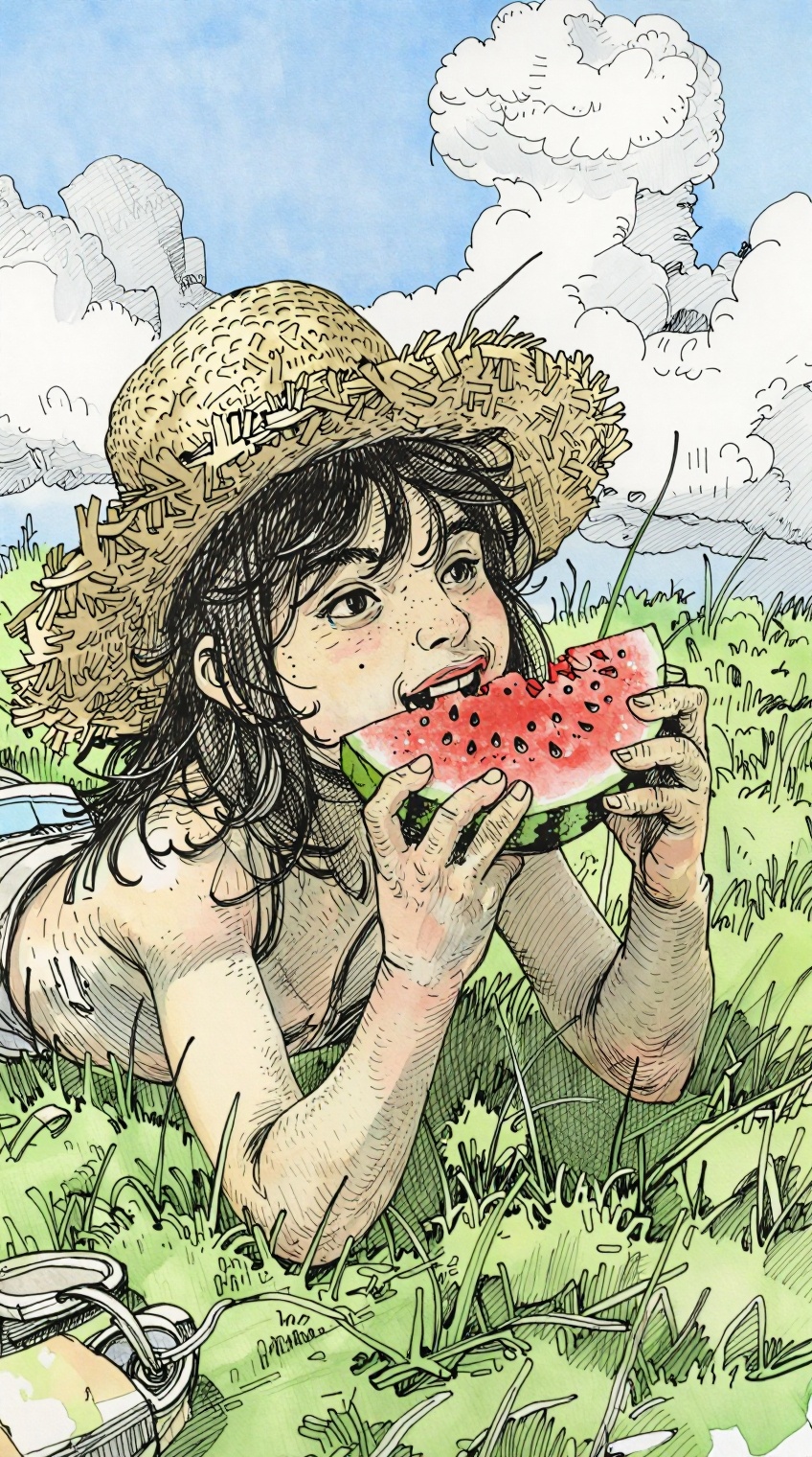 A highly detailed ink-and-watercolor illustration depicts a playful summer scene of a young person lying on lush green gra...
