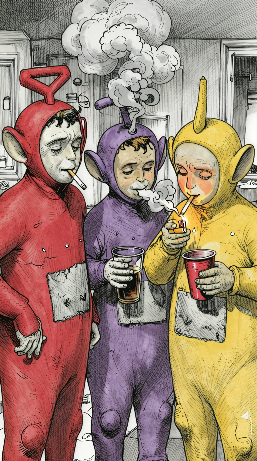A highly detailed ink illustration depicts three young men dressed in slightly worn Teletubbies mascot costumes—red,  purp...