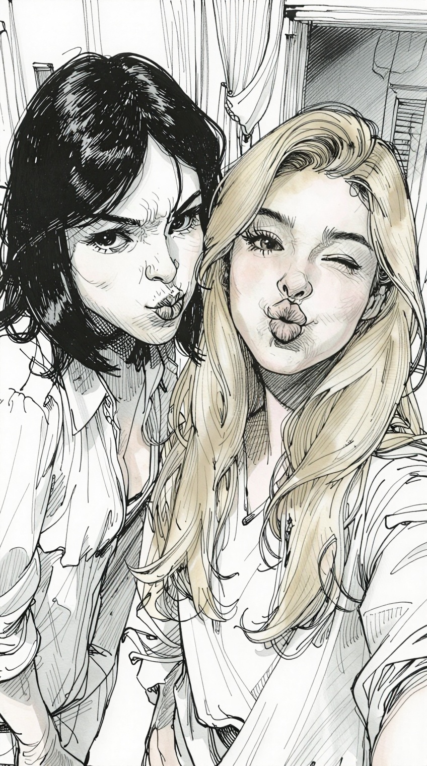 A highly detailed ink illustration depicts an intimate close-up portrait of two young women in a playful selfie pose. On t...