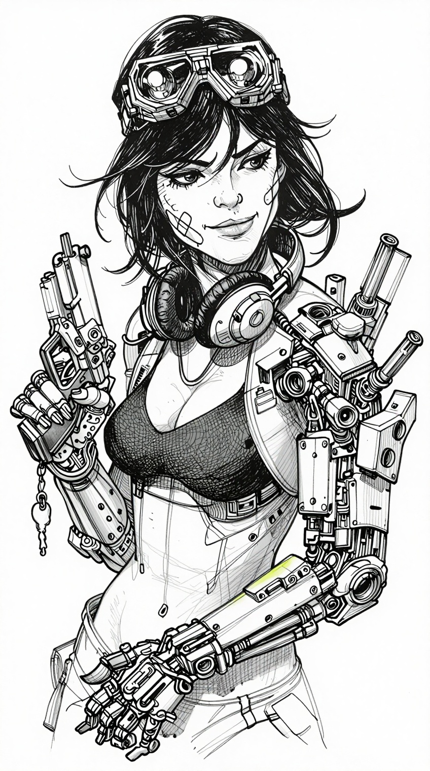 A highly detailed ink illustration depicts a confident cyberpunk female mechanic with medium dark hair blowing slightly in...