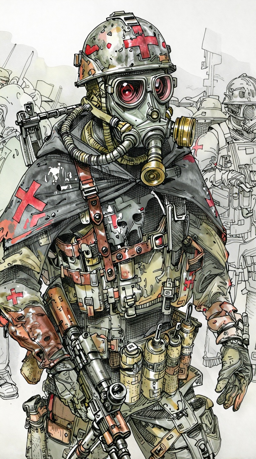 A highly detailed ink-and-watercolor illustration depicts a dystopian soldier in full combat gear standing in a battle-wor...