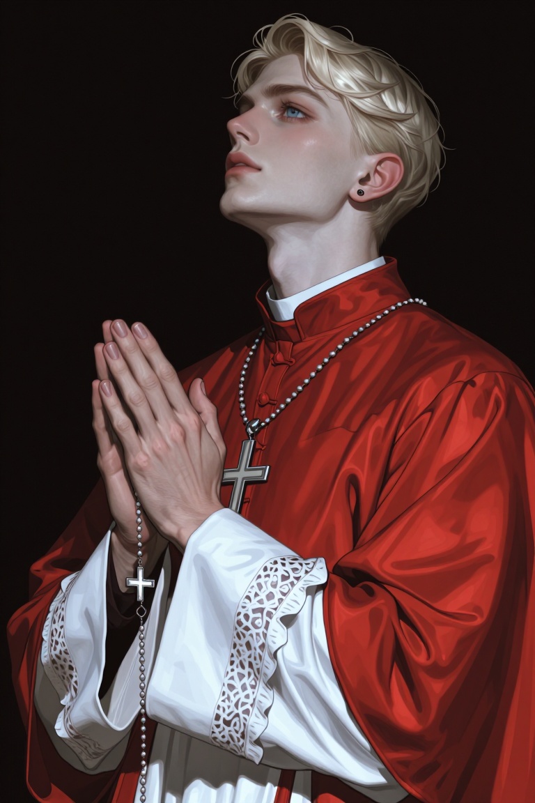 A young male with pale skin,  short wavy blonde hair,  blue eyes on Tensor.Art