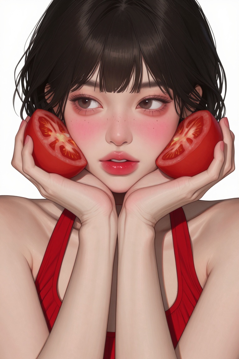 A young female with pale skin,  featuring prominent pink blush across her cheeks,  glossy red lips on Tensor.Art
