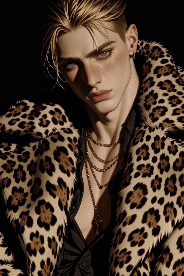 A young American male with pale skin,  striking blue eyes,  and short blonde hair swept back from his face. He is wearing...