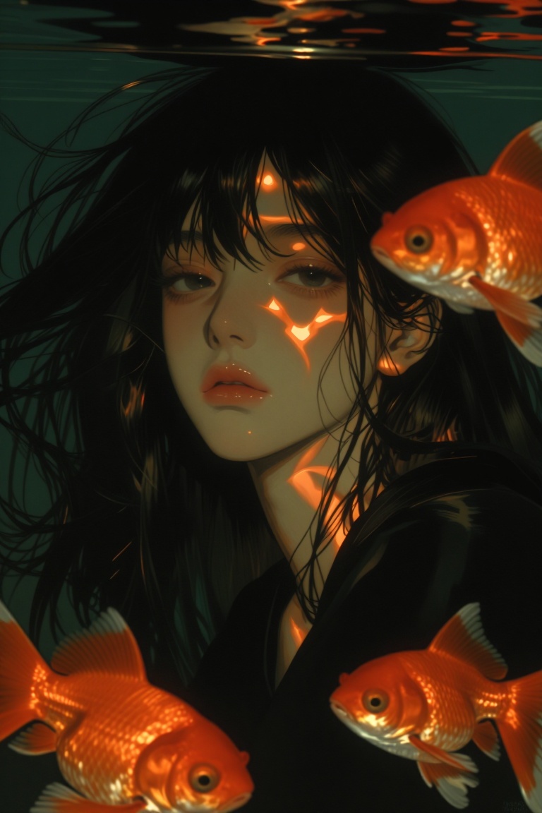 A young female with pale skin and thick,  messy black hair that appears to be floating slightly. She is wearing ambiguous,...