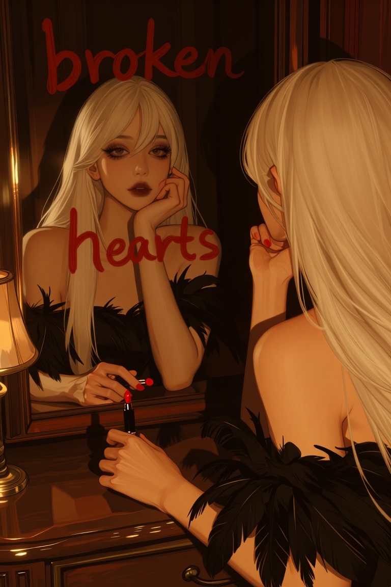 A young female with pale skin,  long white hair,  and dark eye makeup. She is wearing a black garment featuring prominent...