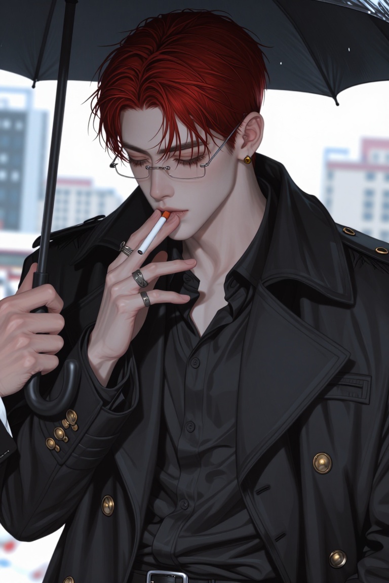 A young male with pale skin,  short red hair swept back with a few loose strands,  wearing delicate wire-rimmed glasses on...