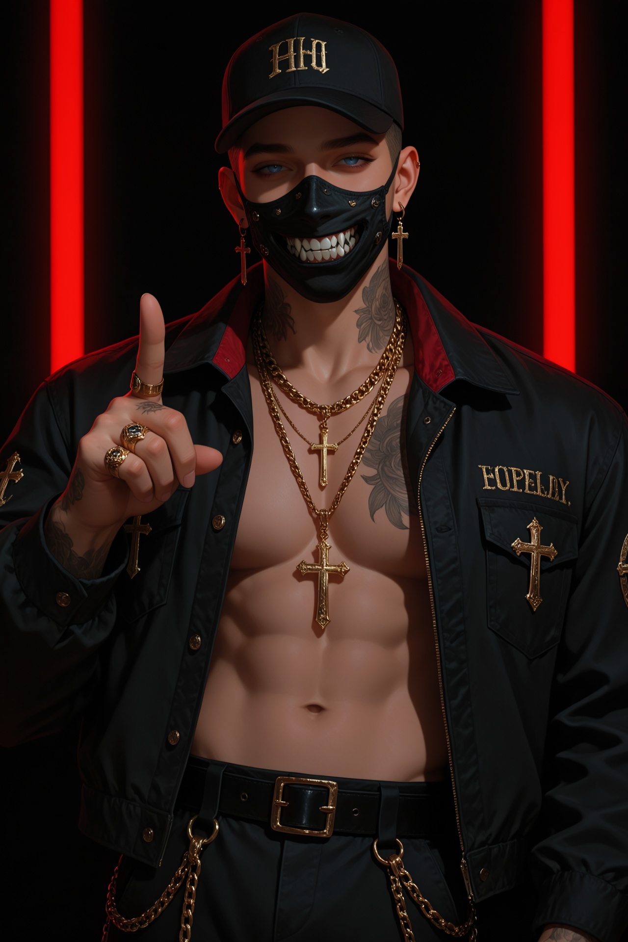 牛仔镜头聚焦于一位上身赤裸、肌肉线条分明的男性角色。他头戴一顶黑色棒球帽,  帽檐压低,  帽面饰有金色字母图案。面部被一个带有金属铆钉和尖牙装饰的黑色口罩覆盖 on Tensor.Art