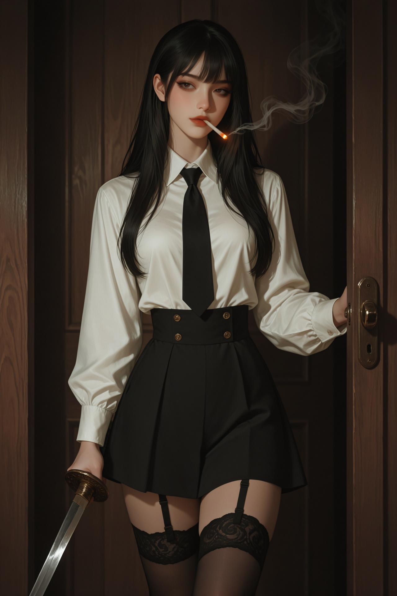 一位年轻女性立于深色木门框内,  身体微侧向右,  左脚稍前、右脚略后呈自然站姿 on Tensor.Art