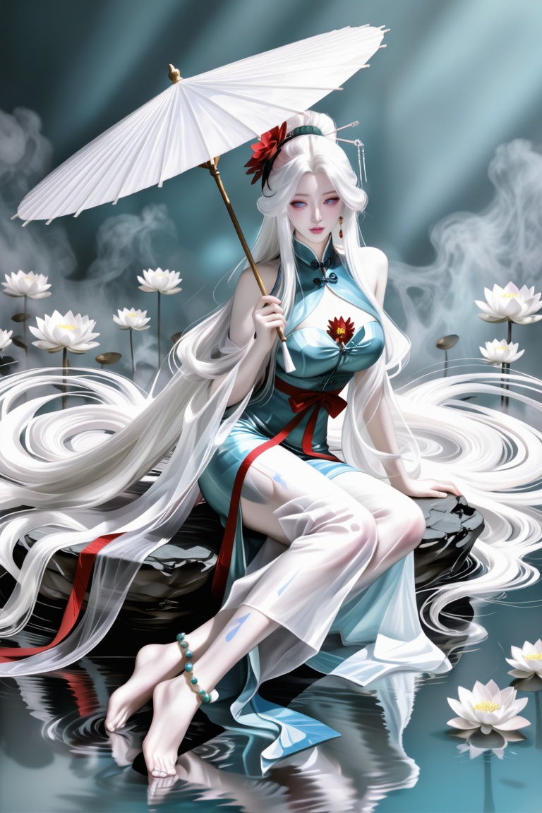 full-body composition of a serene woman with flowing white hair seated gracefully in shallow,  rippling water. She holds a...