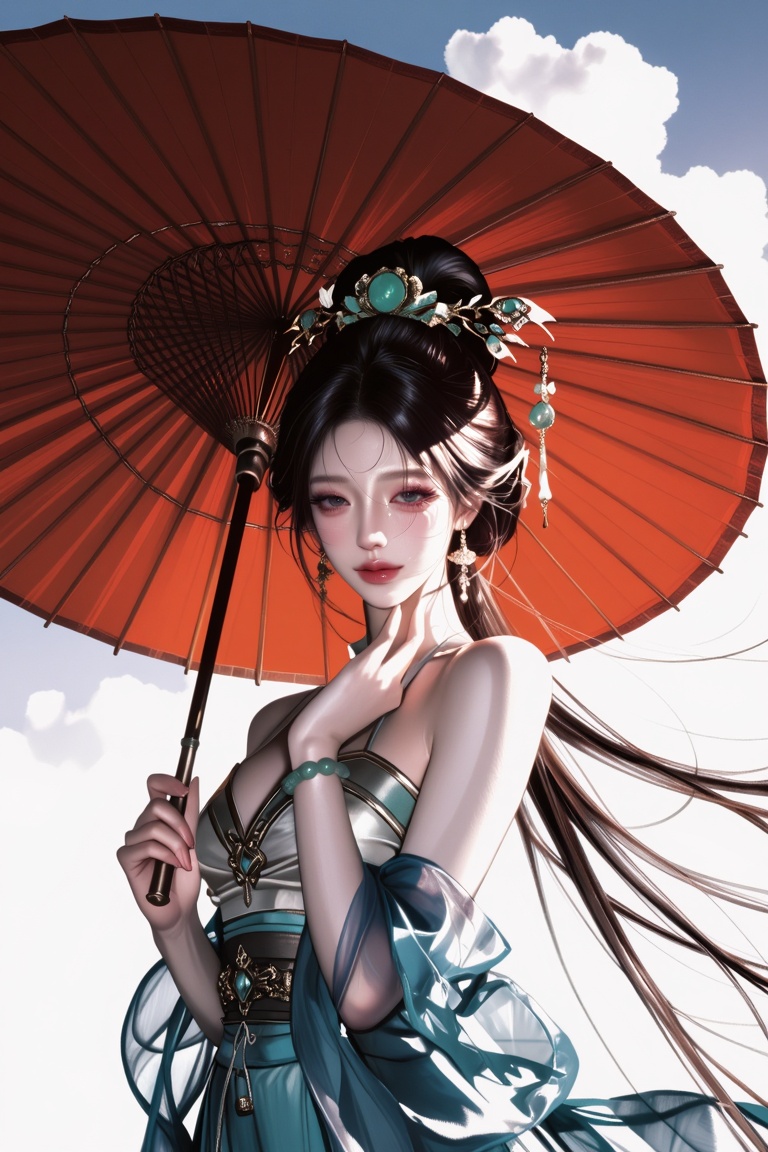 upper-body portrait of an elegant woman holding a large traditional red paper parasol,  gazing softly at the viewer with o...