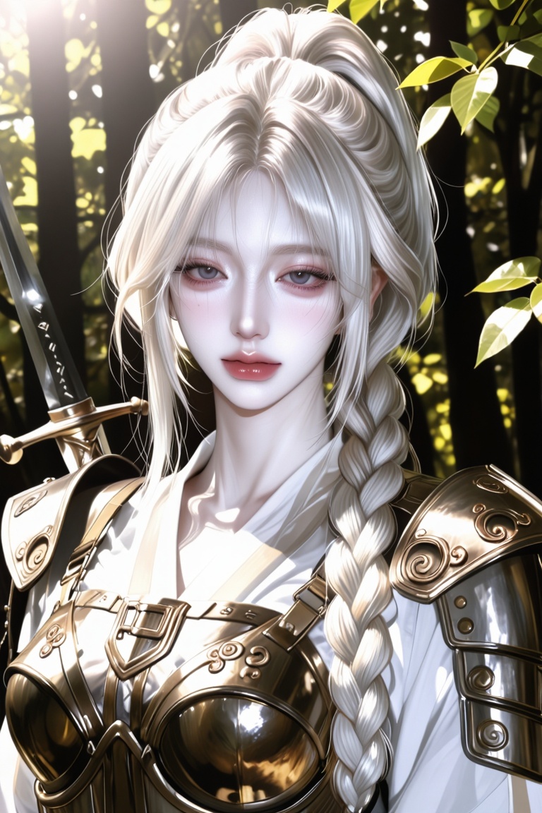 Close-up portrait of a female warrior with long,  braided platinum white hair standing in a sun-dappled forest. She wears...