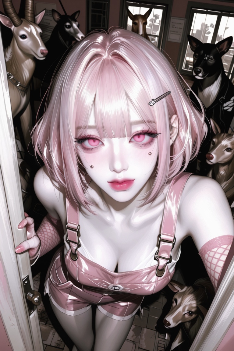 A beautiful albino asian female with (((extra large pink eyes))),  ((all pink hair,  bangs)) on Tensor.Art