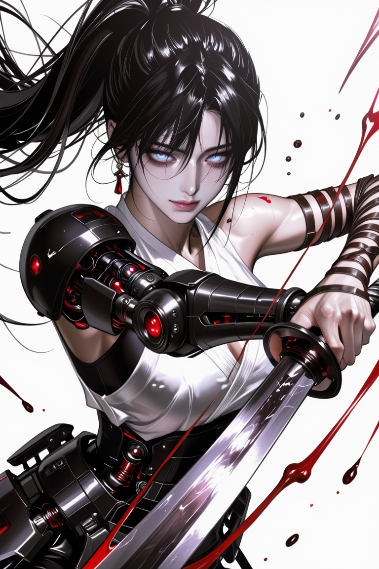 dynamic low-angle close-up portrait of a fierce female cyber-samurai warrior mid-swing,  captured in frozen motion as she...