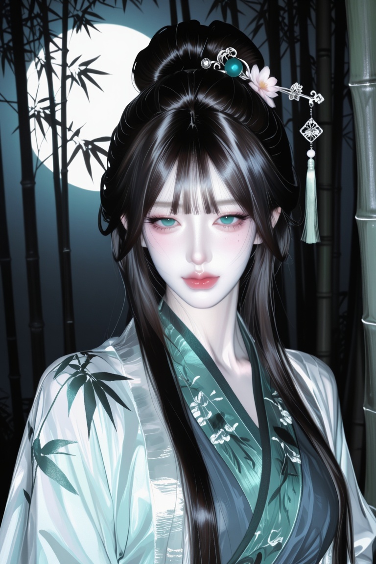medium close-up portrait of a graceful woman with porcelain skin and luminous teal eyes,  wearing traditional layered robe...