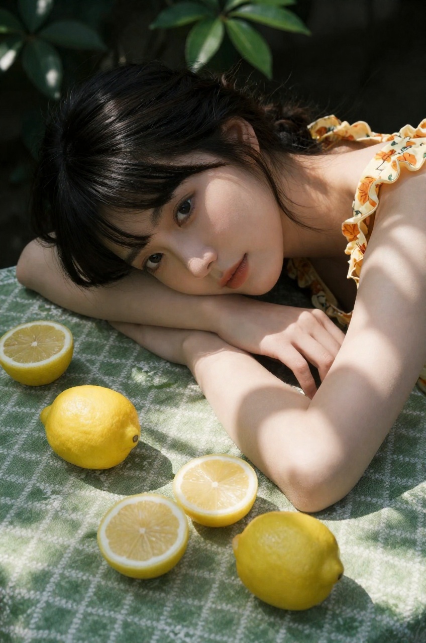 A young woman with a calm and dreamy facial expression rests her head on her arms. She lies across a table covered in a gr...