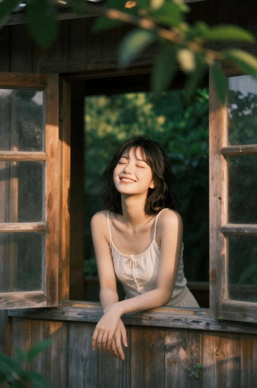 vertical medium shot captures a young woman leaning out of a rustic wooden window,  framed by lush green foliage that crea...