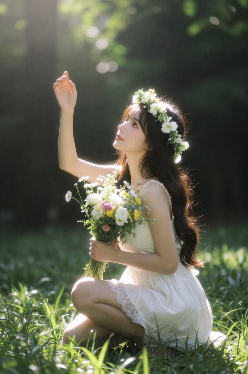 ethereal portrait captures a woman in a lush,  forest-like setting,  utilizing a shallow depth of field to create a soft o...
