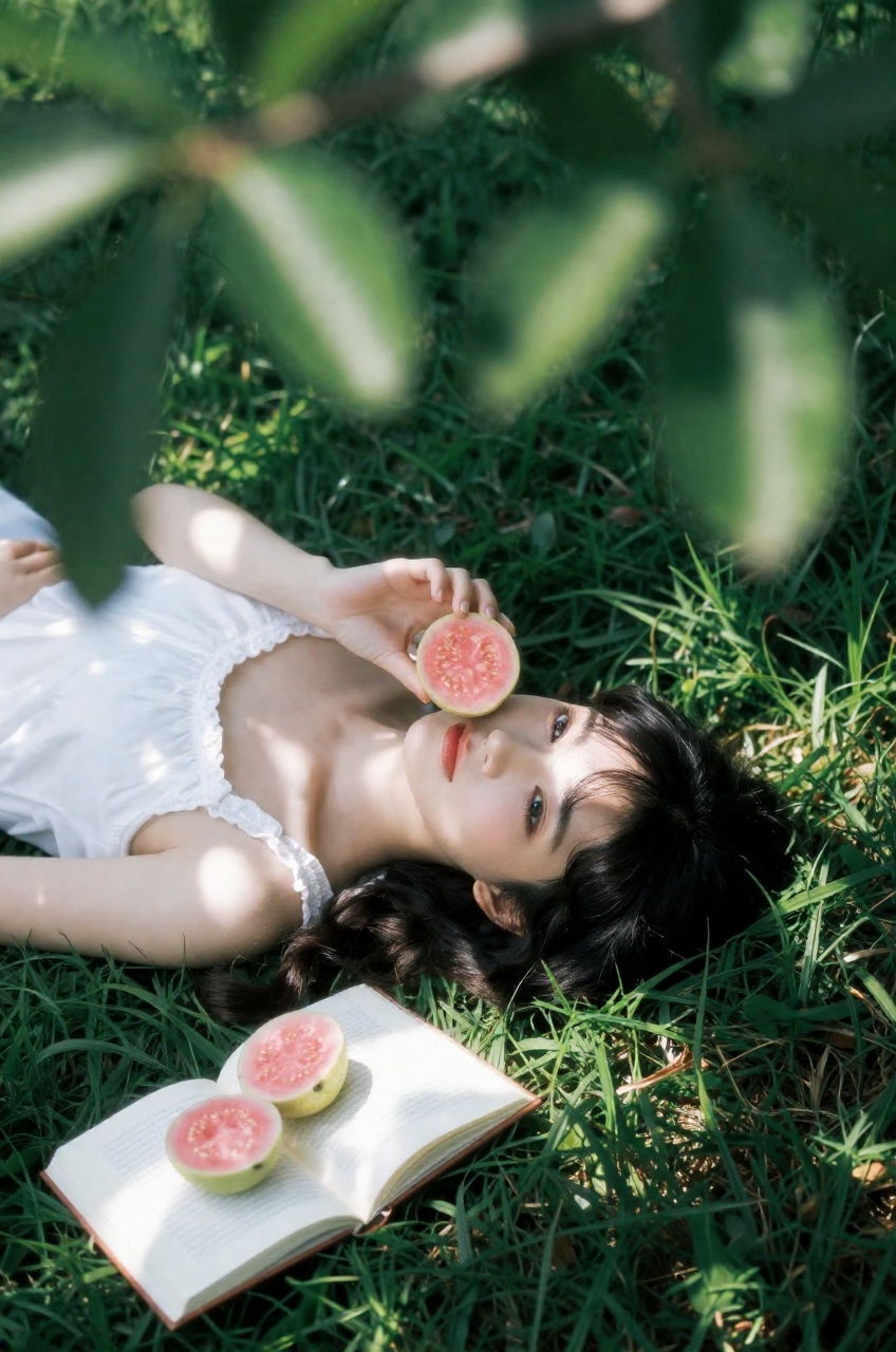 overhead portrait features a young woman reclining in lush green grass,  framed by vibrant foliage that creates a sense of...