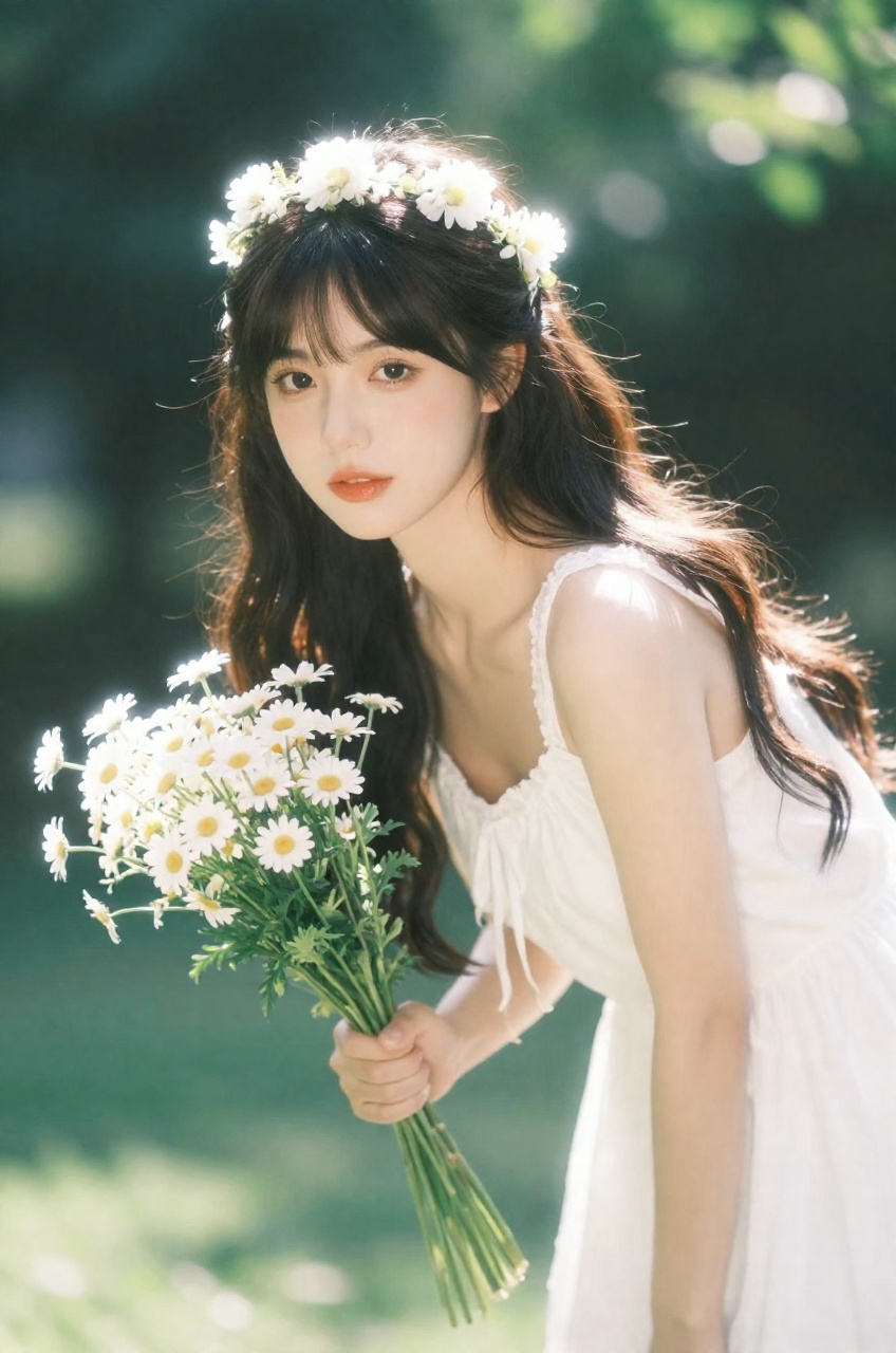 portrait captures a young woman in a dreamlike,  ethereal aesthetic,  utilizing a medium shot with a shallow depth of fiel...