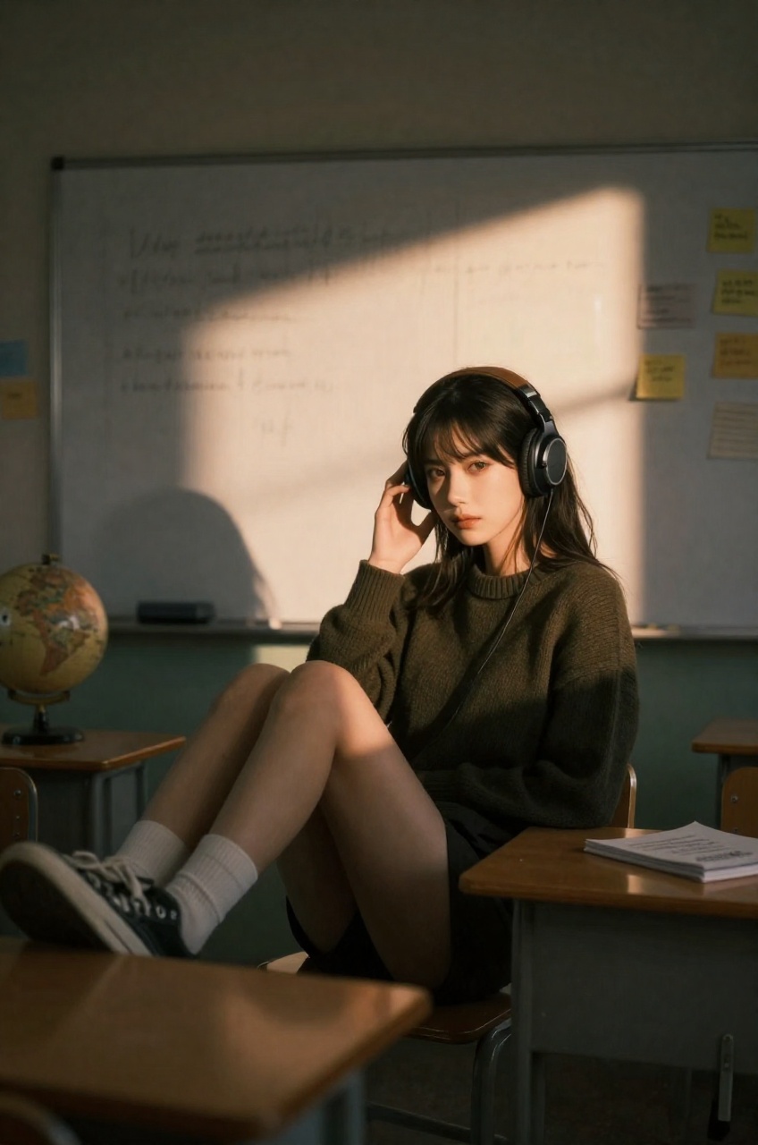 cinematic portrait features a young woman seated in a nostalgic classroom setting,  captured with a technical emphasis on...