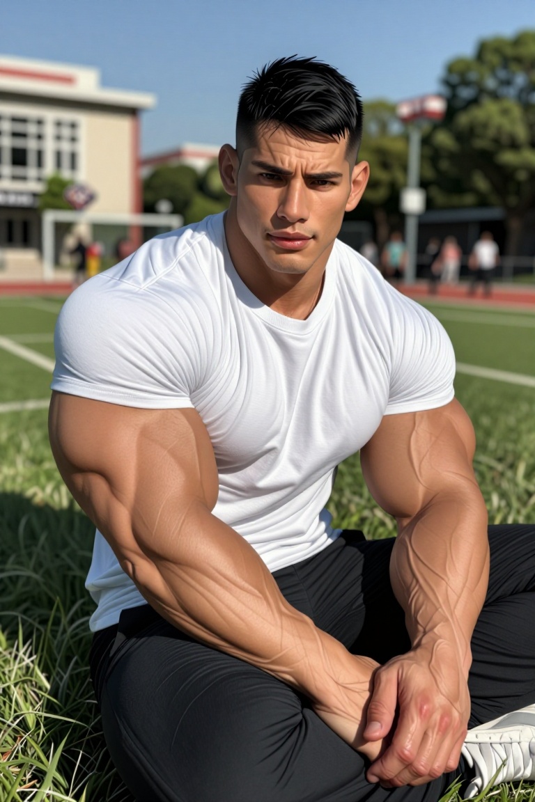 The image shows a man sitting on a grassy area,  wearing a white t-shirt and black pants. The person has a muscular build,...