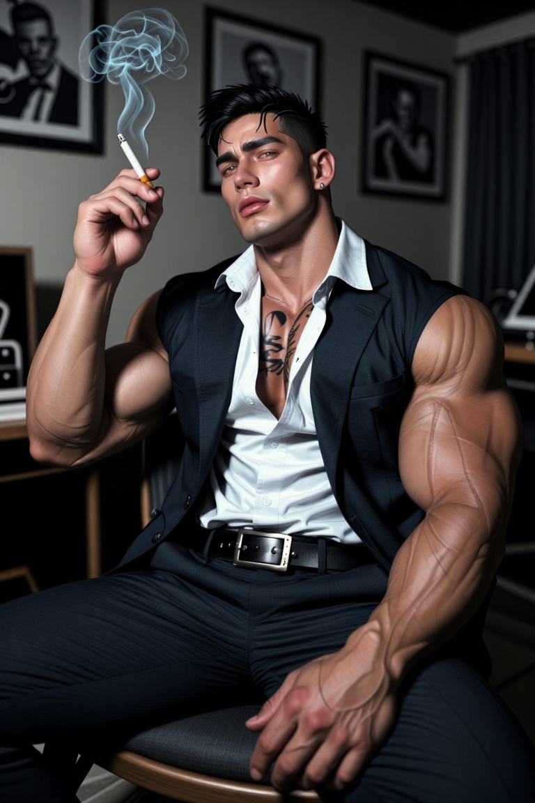 The image depicts a man sitting in a dimly lit room,  wearing a dark suit with a white shirt that is unbuttoned,  revealin...