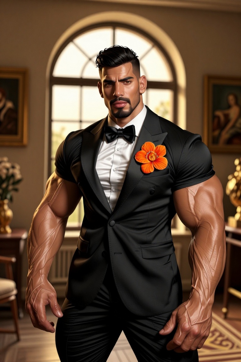 The image depicts a man dressed in a formal black tuxedo with a white shirt and black bow tie. He has a neatly trimmed bea...
