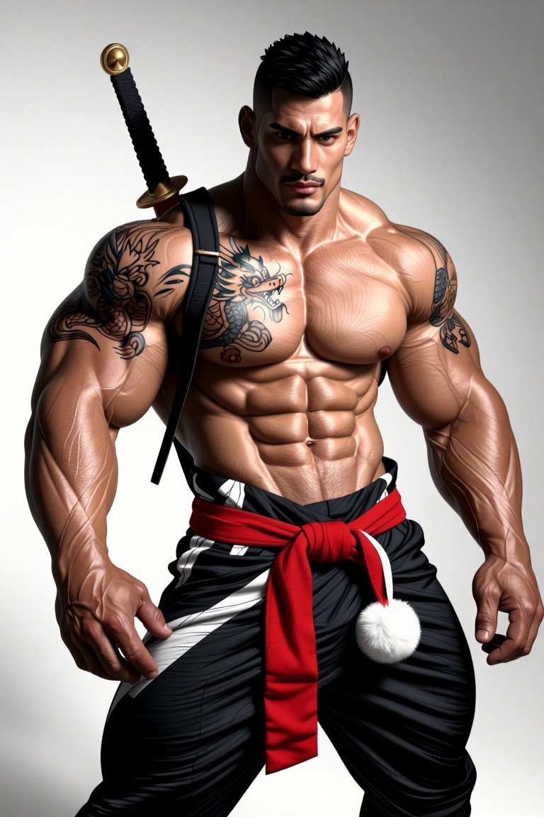 The image depicts a muscular,  shirtless man with a strong and confident expression. He has a prominent tattoo of a dragon...