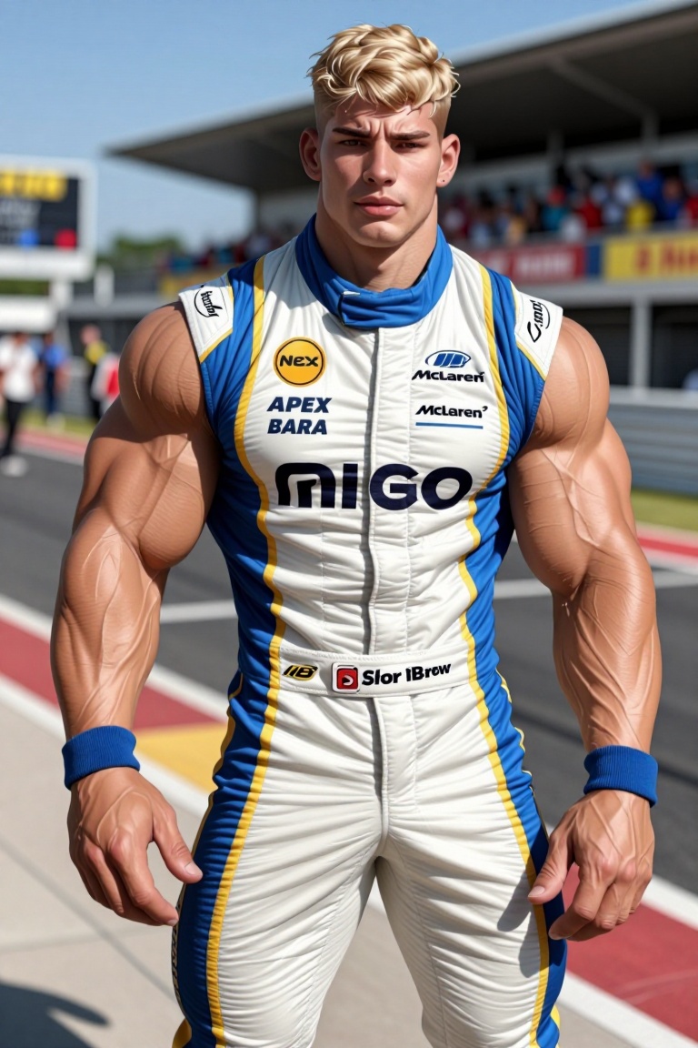 The image depicts a young man in a racing suit,  standing in front of a racetrack. He has light blonde hair and is wearing...