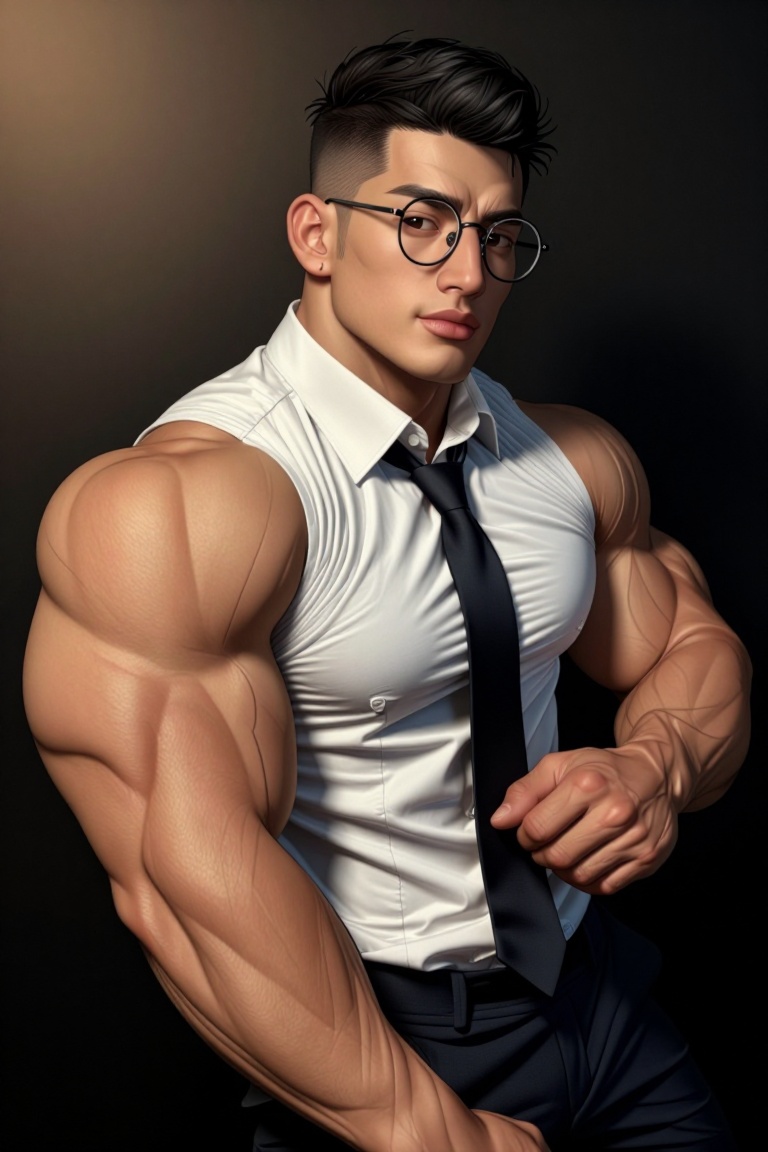 The image depicts a young man with short,  dark hair and round glasses. He is wearing a formal white shirt with a dark tie...