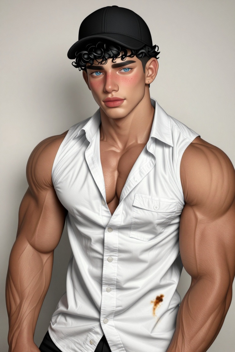 The image depicts a young person wearing a black baseball cap and a white button-up shirt. The shirt is slightly unbuttone...
