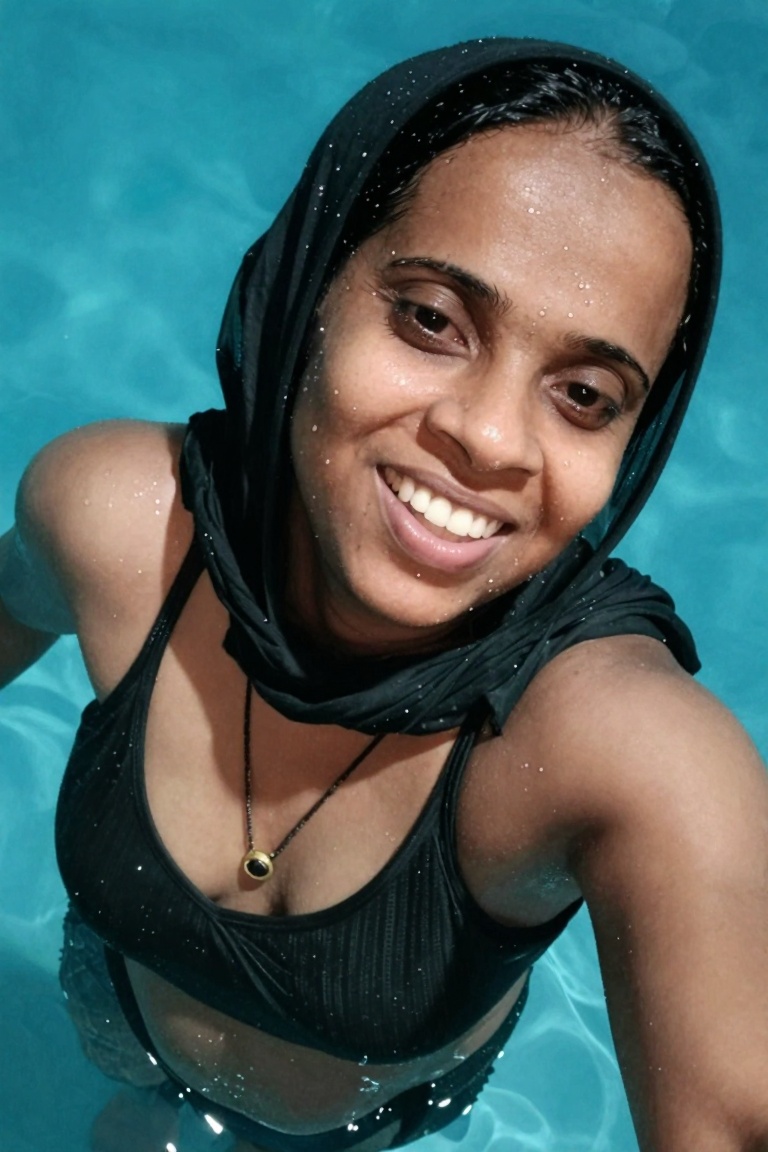 haji_expr,  a top angle high view selfie close up photo shot of tamil girl in swimming pool,  she is wearing black thin_fa...