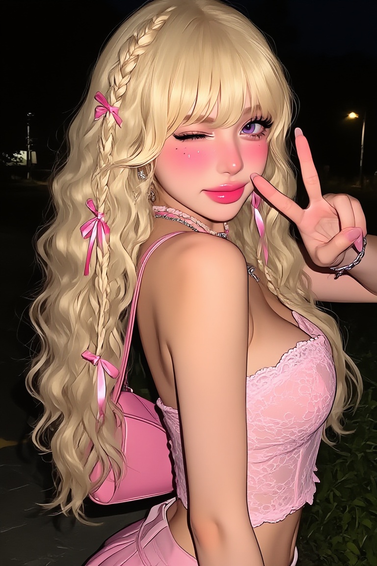 A young female with pale skin,  prominent pink blush,  and glossy pink lips. She has long on Tensor.Art