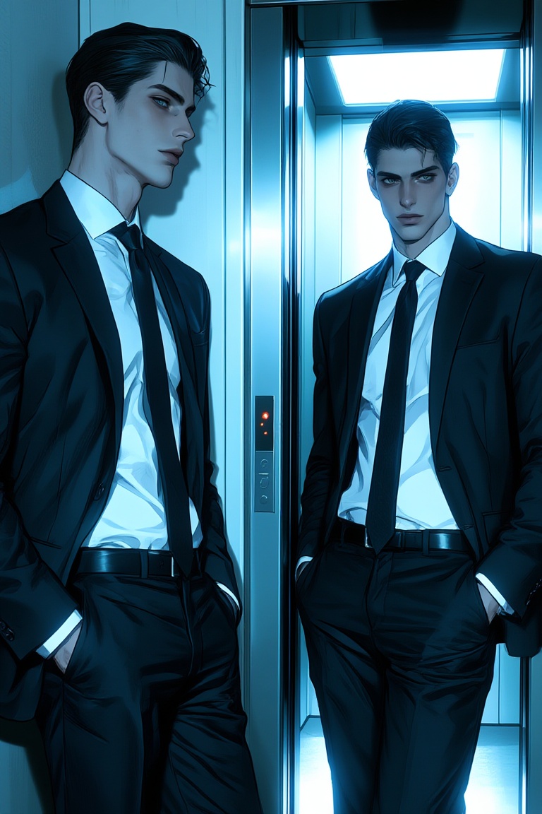 Two young males with pale skin and short dark hair slicked back. Both are wearing formal business attire consisting of dar...