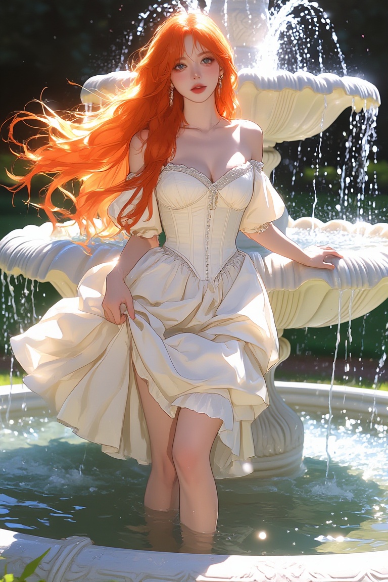 A young female with pale skin and long,  flowing,  bright orange hair. She is wearing an elegant cream-colored dress with...