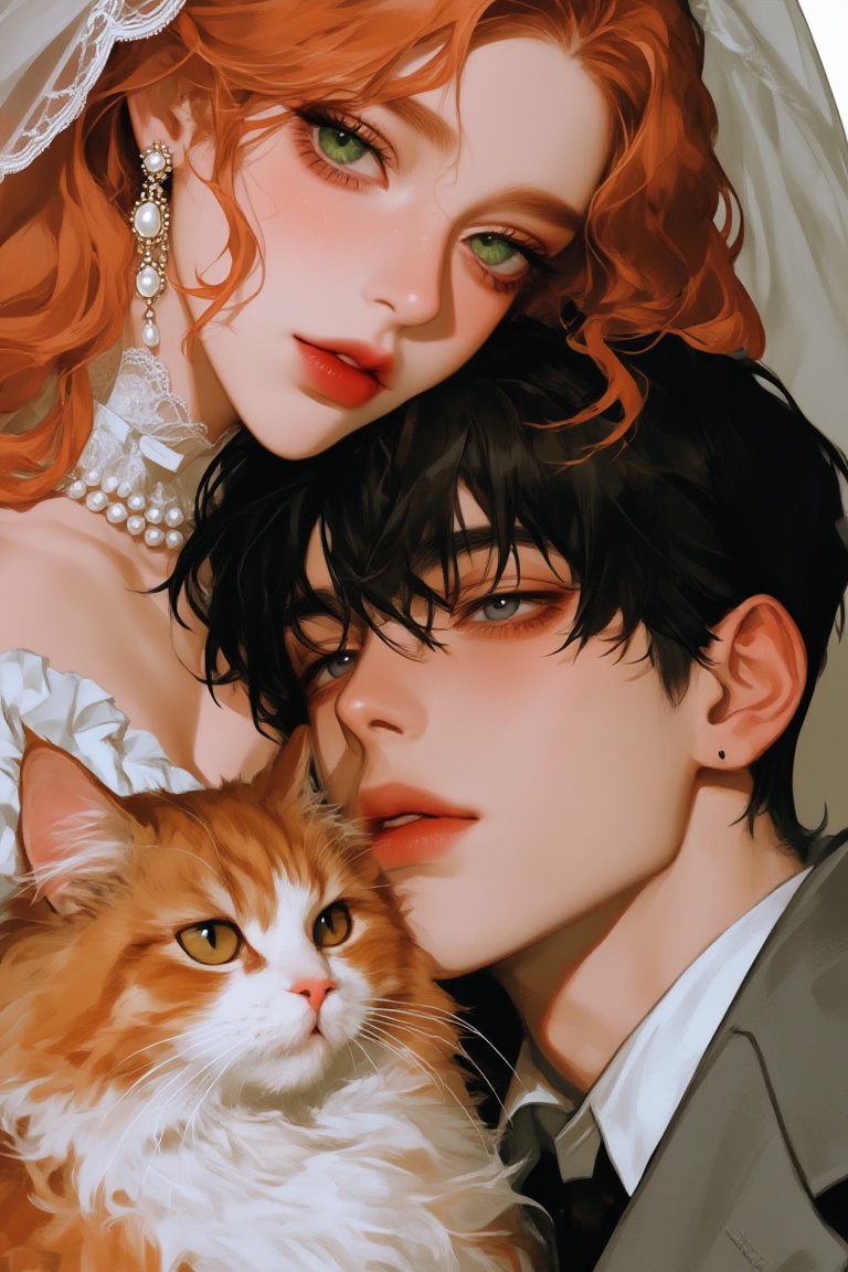 A close-up portrait of a young female,  a young male,  and a fluffy orange and white cat positioned tightly together. The...