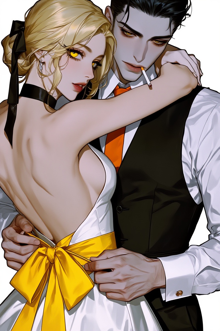 A male and female couple in a close embrace. The male has pale skin and dark slicked-back hair,  wearing a white dress shi...