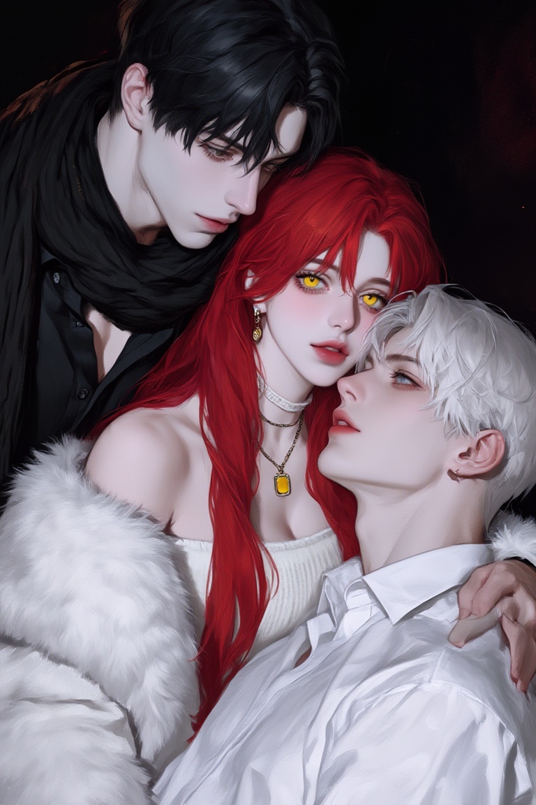 A close-up group shot of three people,  featuring a young female in the center flanked by two young males. The female has...