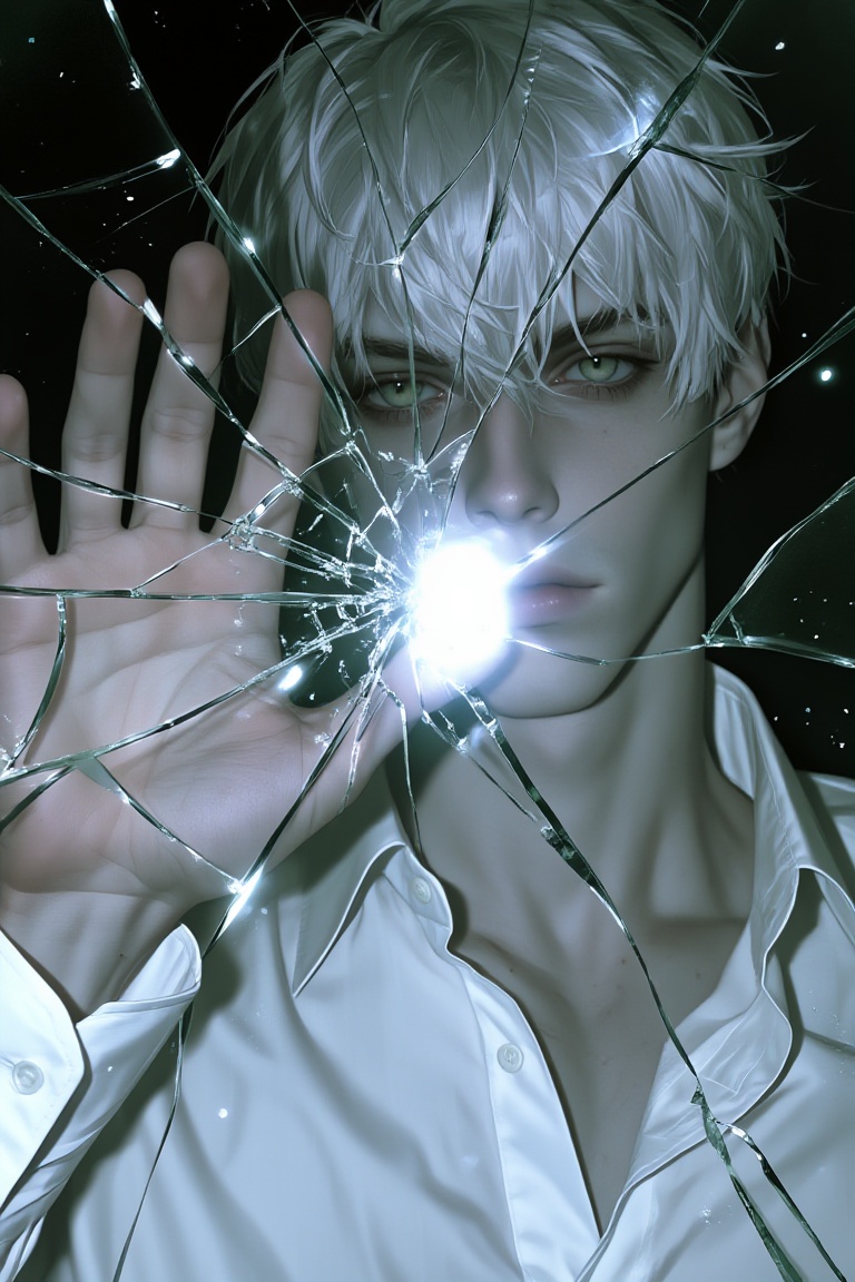 A young male with pale skin,  short messy white hair,  and pale green eyes. He is wearing a simple white collared dress sh...