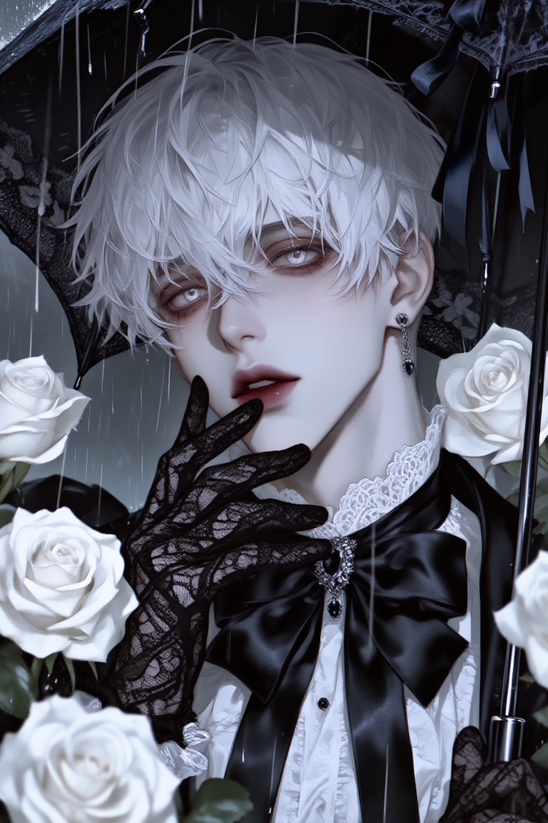 A young,  highly androgynous male with incredibly pale skin,  short messy white hair on Tensor.Art