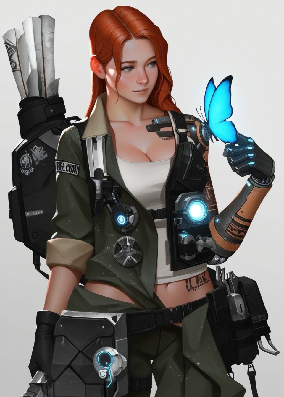 This detailed digital illustration features a young woman with long red hair and a cybernetic left arm. She is dressed in...