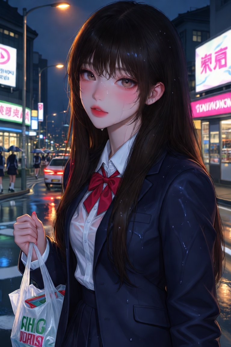 a rainy night in the Xinyi District,  impressionistic paintings,  flashing billboards and neon lights on Tensor.Art